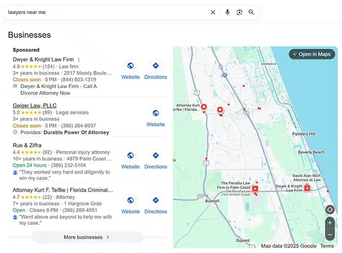 tnclekrggvaflkixeetu | Search Quest A Google Maps search for lawyers near me displays a list of nearby law firms with ratings, addresses, hours, and contact details on the left, and their locations marked on a map on the right.