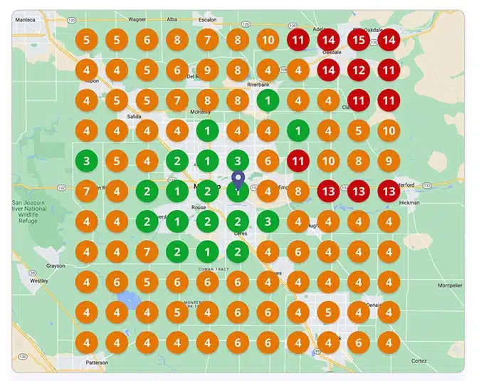 x0zckimpftz5ge0miuhv | Search Quest A grid of colored circles with numbers overlays a map. Most circles are orange with the number 4, some are green with numbers 1-4, and several at the top right are red or pink with numbers 11-15. A purple marker appears near the center.