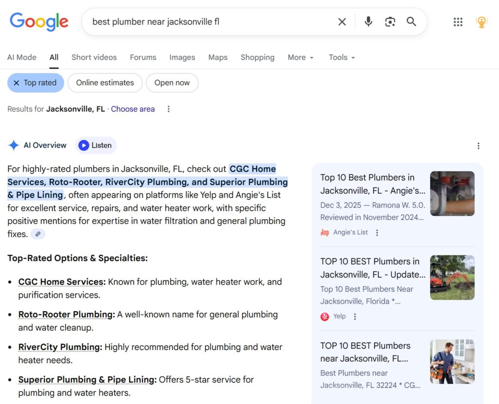 ai-google-gemini-results | Search Quest A Google search results page for “best plumber near Jacksonville FL,” displaying a featured snippet with a list of top-rated plumbing companies and a sidebar with related search results and ratings.