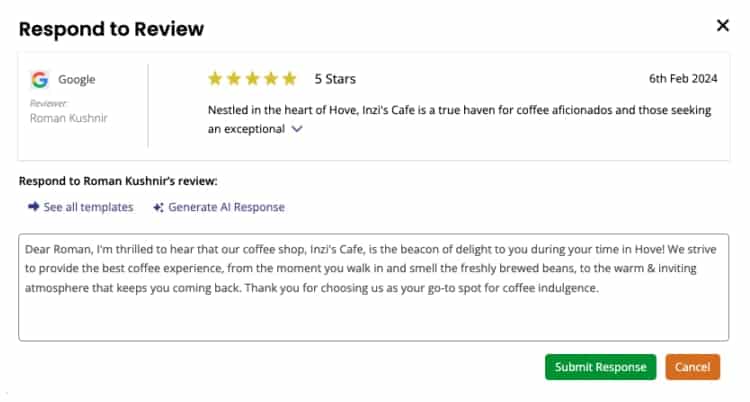ai-reviews-responses | Search Quest A review response screen shows a 5-star Google review for Inzis Cafe dated 6th Feb 2024, with a response box below and green Submit Response and orange Cancel buttons. A draft response is written in the textbox.