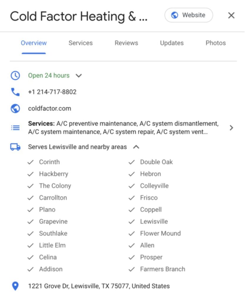 hvac-cold-factor | Search Quest Screenshot of a business listing for Cold Factor Heating & Air Services, showing contact info, services like A/C maintenance and repair, and a list of cities served near Lewisville, Texas. Address and website are included.