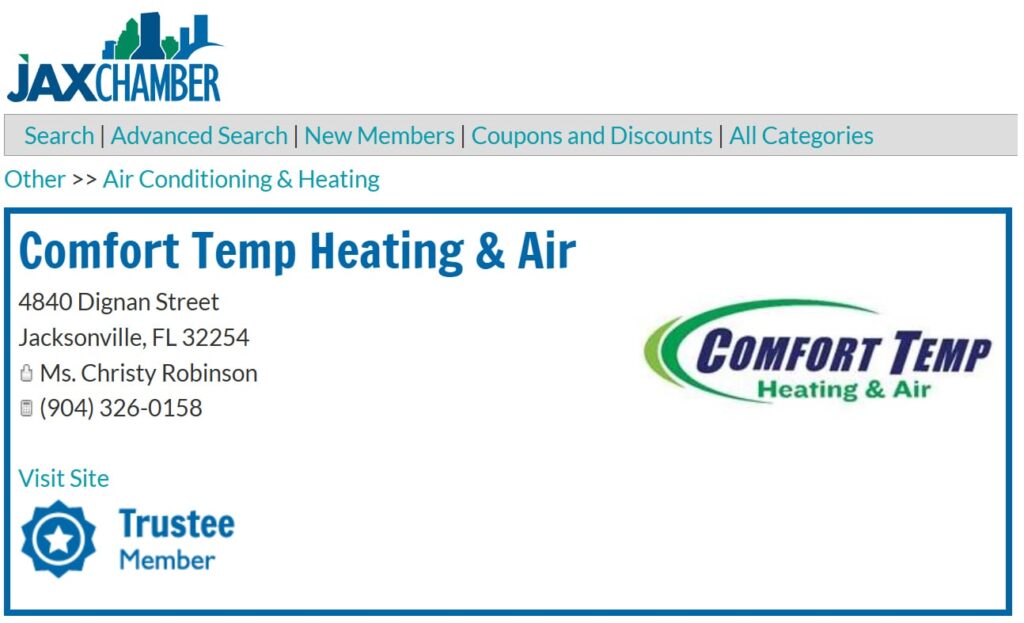 hvac-jax-chamber | Search Quest A business listing for Comfort Temp Heating & Air in Jacksonville, FL, showing contact details, the company logo, and a Trustee Member badge from JAX Chamber at the top.