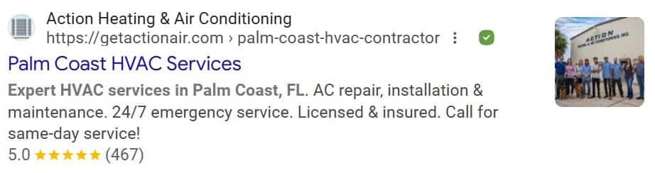 hvac-palm-coast-services | Search Quest Business listing for Action Heating & Air Conditioning showing a 5-star rating with 467 reviews, a group of people standing outside a building, and text advertising HVAC services in Palm Coast, Florida.