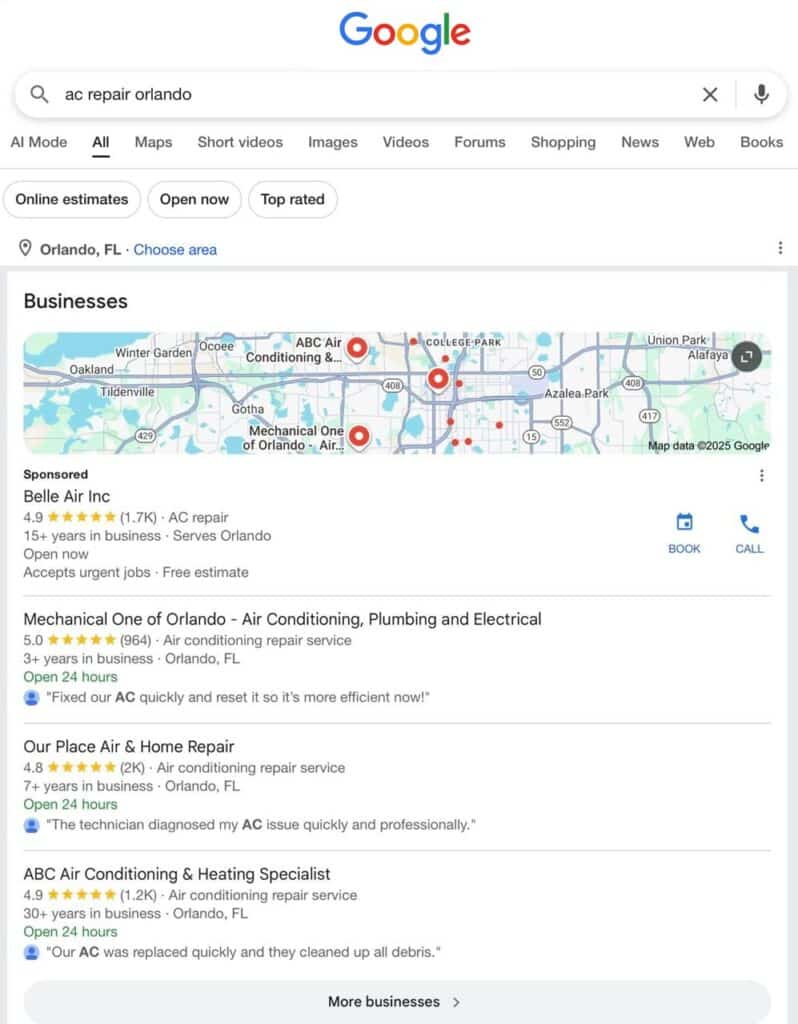hvac-repair-orlando | Search Quest Google search results page for ac repair orlando showing a map with business locations and a list of AC repair companies, their ratings, hours, and brief customer reviews.