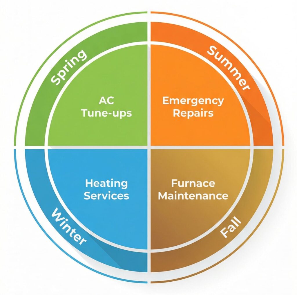 hvac-seasons-pie | Search Quest A circular chart divided into four colored sections for each season: Spring—AC Tune-ups, Summer—Emergency Repairs, Fall—Furnace Maintenance, Winter—Heating Services.