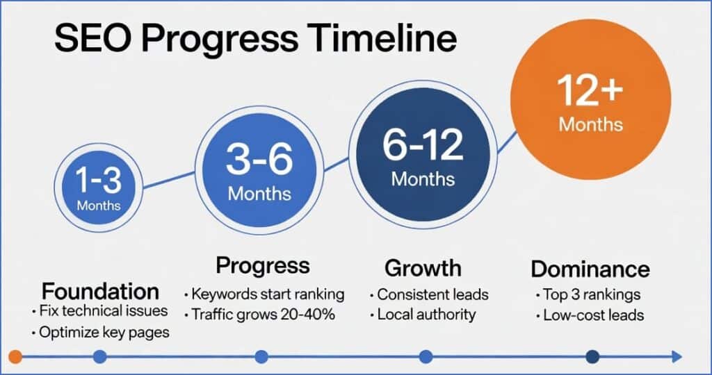 hvac-seo-progress-timeline | Search Quest A timeline graphic titled SEO Progress Timeline shows four stages: Foundation (1-3 months), Progress (3-6 months), Growth (6-12 months), and Dominance (12+ months), each with key SEO goals and outcomes.