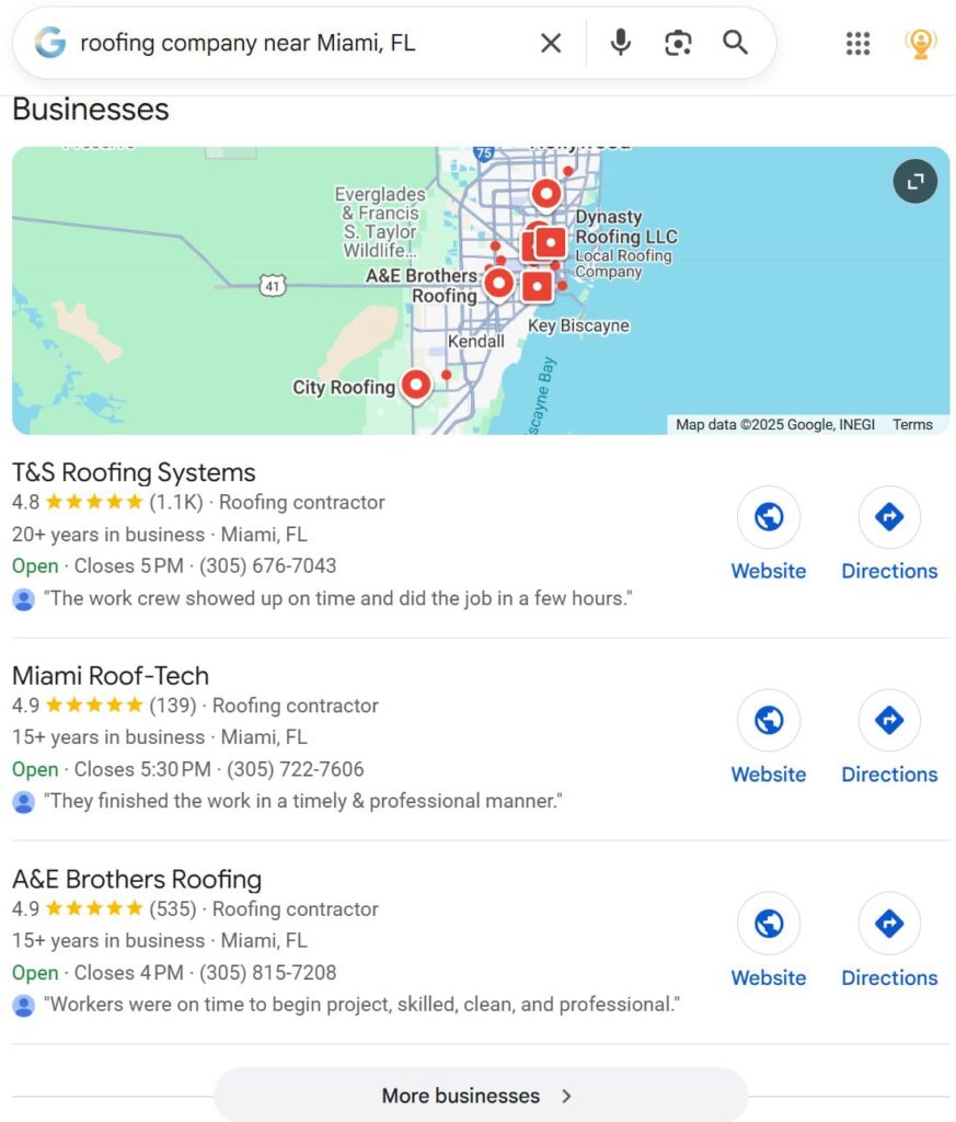 roofing-company-near-miami | Search Quest Screenshot of Google search results for roofing company near Miami, FL, showing a map and business listings for T&S Roofing Systems, Miami Roof-Tech, and A&E Brothers Roofing, with ratings, contact info, and website links.