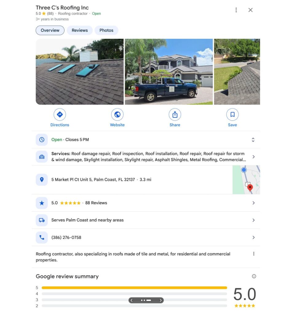 roofing-gbp | Search Quest Screenshot of a Google business listing for Three C’s Roofing Inc, showing roofing service photos, business info, contact details, 5-star rating, reviews summary, and location map in Palm Coast, Florida.