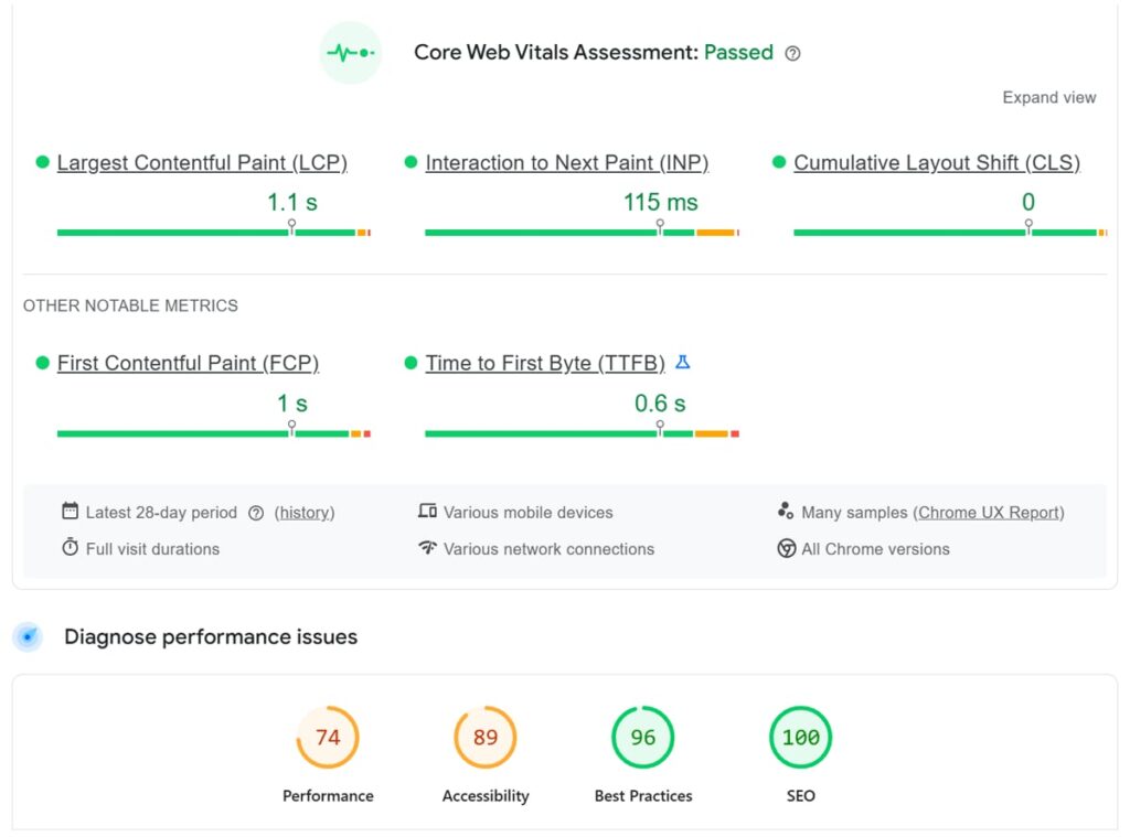 roofing-page-insights | Search Quest A website performance dashboard shows Core Web Vitals scores: LCP 1.1s, INP 115ms, CLS 0.01, all marked good. Other metrics: FCP 1s, TTFB 0.8s. Performance: 74, Accessibility: 89, Best Practices: 96, SEO: 100.