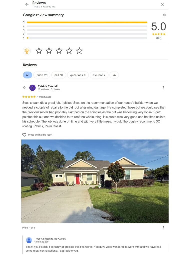 roofing-reviews | Search Quest Screenshot of a Google review summary for 3Cs Roofing Inc, showing a 5-star rating and a positive review with a photo of a single-story house with a new light-colored roof and a lawn in front.